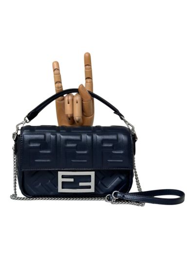 Fendi Mini Baguette Navy Blue FF Leather Shoulder Crossbody Bag 0135AS