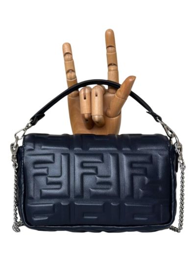 Fendi Mini Baguette Navy Blue FF Leather Shoulder Crossbody Bag 0135AS Navy 2523541