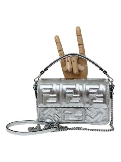 Fendi Mini Baguette Silver FF Leather Shoulder Crossbody Bag 0135AS