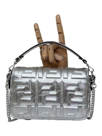 Fendi Mini Baguette Silver FF Leather Shoulder Crossbody Bag 0135AS Silver 2523539