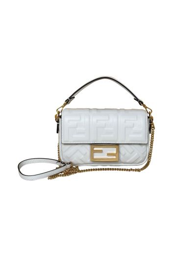 Fendi Mini Baguette White FF Leather Shoulder Crossbody Bag 0135AS