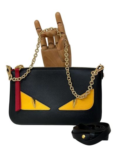 Fendi Monster Eyes Black Yellow Leather Clutch Shoulder Bag A8673