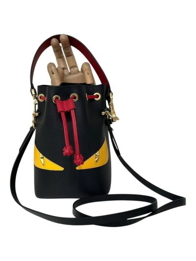 Fendi Monster Eyes Black Yellow Leather Mon Tresor Bucket Shoulder Bag A8676