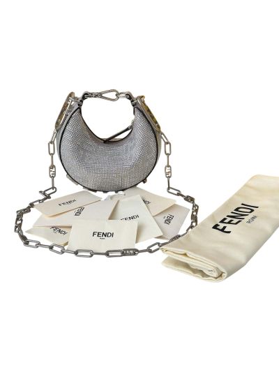 Fendi Nano Fendigraphy Silver Crystals Hobo Shoulder Bag A8688