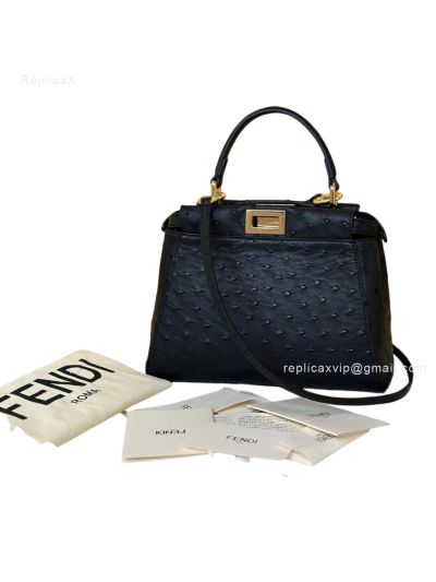 Fendi Peekaboo Mini Black Ostrich Leather Shoulder Crossbody Bag A66806