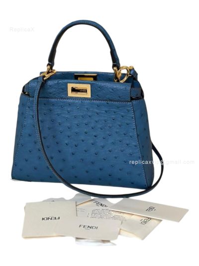 Fendi Peekaboo Mini Blue Ostrich Leather Shoulder Crossbody Bag A66806