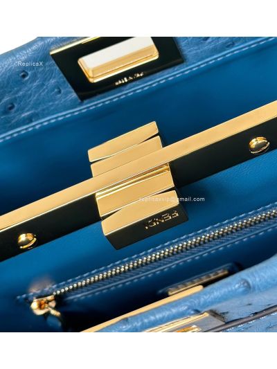 Fendi Peekaboo Mini Blue Ostrich Leather Shoulder Crossbody Bag A66806 Blue 2523652