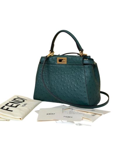Fendi Peekaboo Mini Dark Green Ostrich Leather Shoulder Crossbody Bag A66806