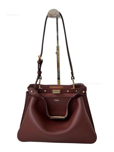 Fendi Peekaboo Small Soft Dark Red Leather Shoulder Crossbody Bag A80175