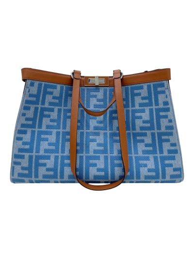 Fendi Peekaboo X Lite Zucchino Canvas King FF Top Handle Tote Bag Blue 8265A
