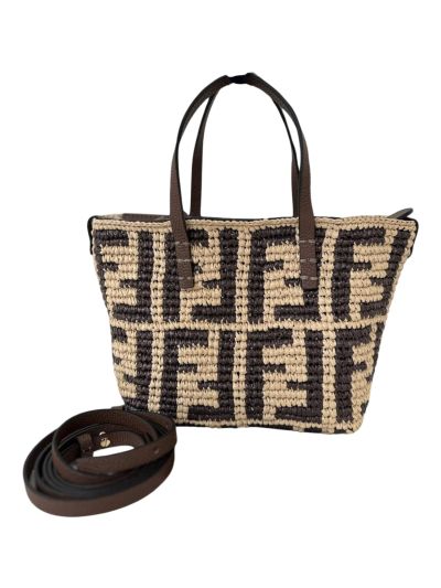 Fendi Roll Brown FF Raffia Crochet Mini Shoulder Bag 8655B