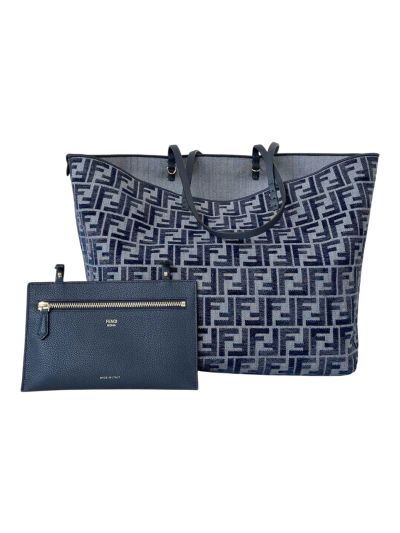 Fendi Roll Large Navy Blue FF Jacquard Shopping Tote Shoulder Bag 8661B