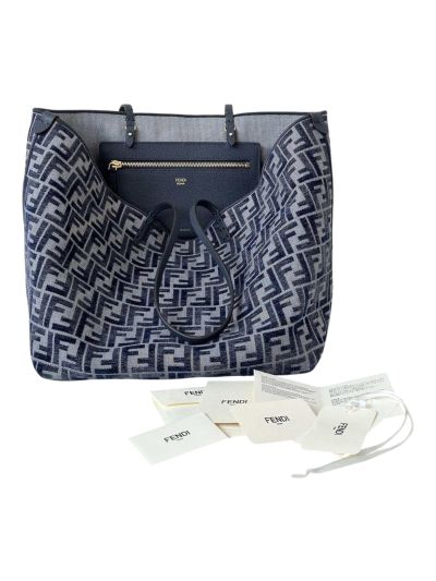 Fendi Roll Large Navy Blue FF Jacquard Shopping Tote Shoulder Bag 8661B Navy 2523720
