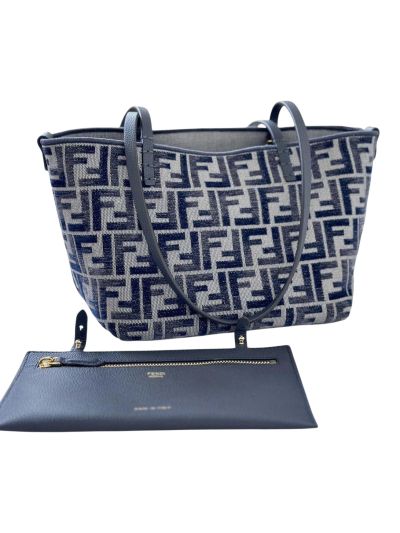 Fendi Roll Medium Navy Blue FF Jacquard Shopping Tote Shoulder Bag 8661Bs