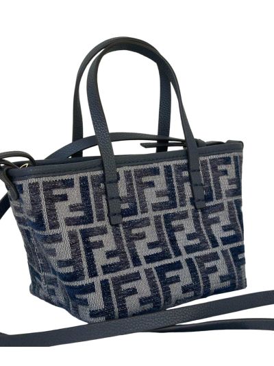 Fendi Roll Mini Navy Blue FF Jacquard Shopping Tote Shoulder Bag A8655