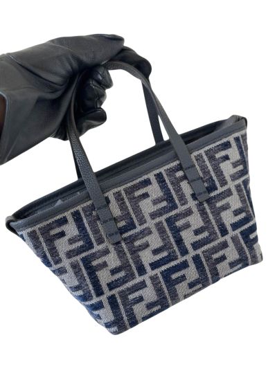 Fendi Roll Mini Navy Blue FF Jacquard Shopping Tote Shoulder Bag A8655 Navy 2523721