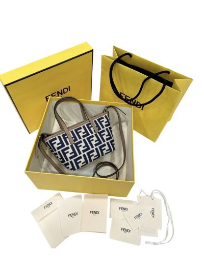 Fendi Roll Mini Navy Blue White FF Jacquard Shopping Tote Shoulder Bag 8655A Navy 2523774