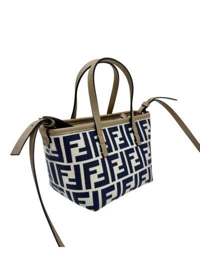 Fendi Roll Mini Navy Blue White FF Jacquard Shopping Tote Shoulder Bag 8655A Navy 2523774