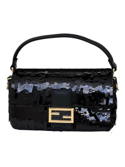 Fendi Sequins Baguette Medium Flap Shoulder Crossbody Bag Black 8601AL