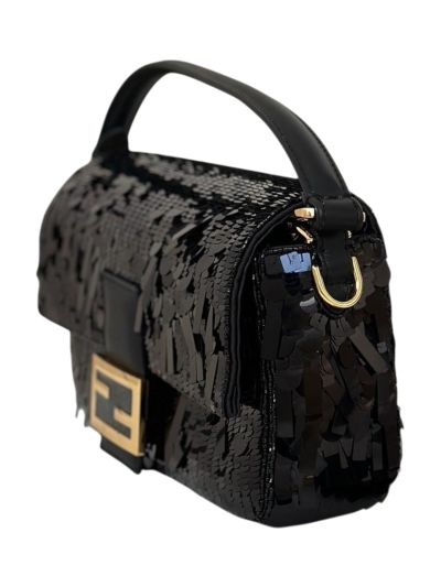 Fendi Sequins Baguette Medium Flap Shoulder Crossbody Bag Black 8601AL Black 860 2523556
