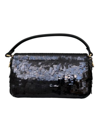 Fendi Sequins Baguette Medium Flap Shoulder Crossbody Bag Black 8601AL Black 860 2523556
