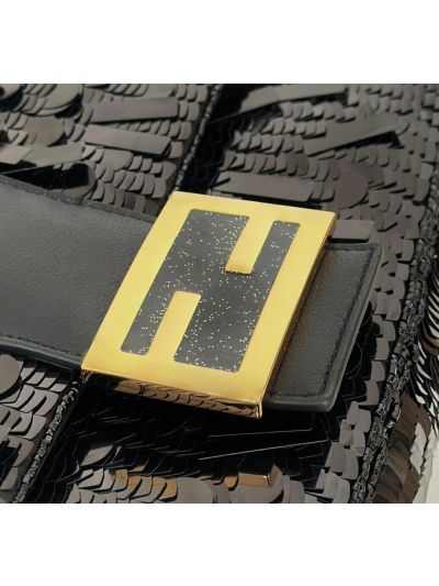 Fendi Sequins Baguette Medium Flap Shoulder Crossbody Bag Black 8601AL Black 860 2523556