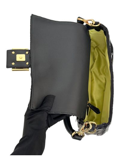 Fendi Sequins Baguette Medium Flap Shoulder Crossbody Bag Black 8601AL Black 860 2523556