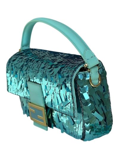 Fendi Sequins Baguette Medium Flap Shoulder Crossbody Bag Light Blue 8601AL Blue 860 2523554