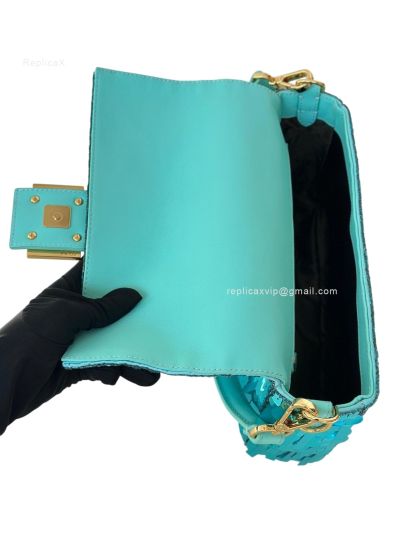 Fendi Sequins Baguette Medium Flap Shoulder Crossbody Bag Light Blue 8601AL Blue 860 2523554