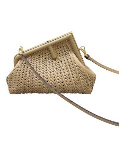 Fendi Small First Beige Interlaced Woven Leather Clutch Shoulder Bag A80156