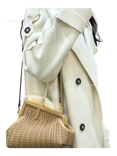 Fendi Small First Beige Interlaced Woven Leather Clutch Shoulder Bag A80156 Beige 2523525
