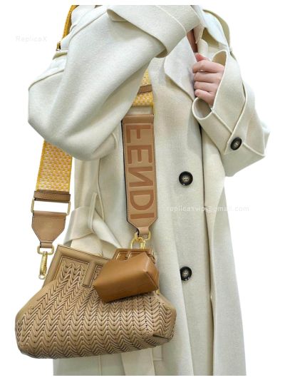 Fendi Small First Beige Interlaced Woven Leather Clutch Shoulder Bag A80156 Beige 2523525