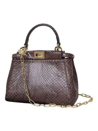 Fendi Small Peekaboo Dark Brown Python Leather Tote Shoulder Bag A66803