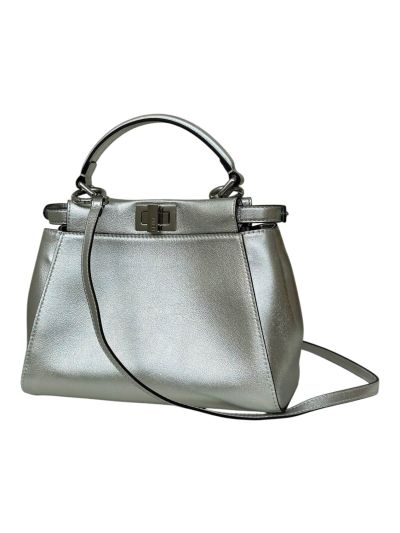 Fendi Small Peekaboo Silver Leather Tote Shoulder Bag A8383