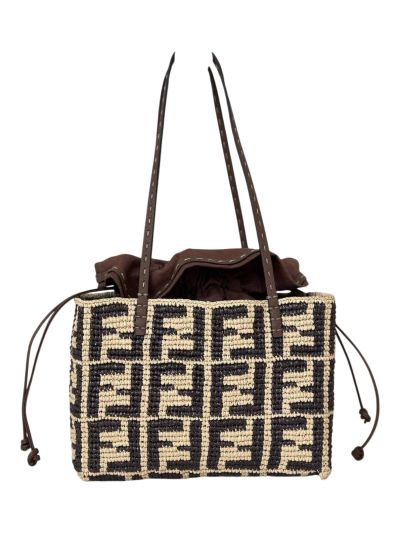 Fendi Small Roll Brown FF Raffia Crochet Shopper Bag with Pouch Brown 8659s