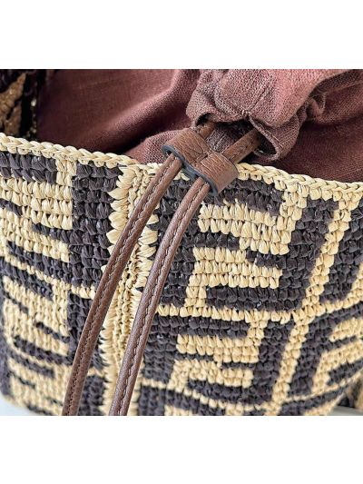 Fendi Small Roll Brown FF Raffia Crochet Shopper Bag with Pouch Brown 8659s Brown 2523749