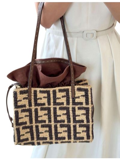 Fendi Small Roll Brown FF Raffia Crochet Shopper Bag with Pouch Brown 8659s Brown 2523749