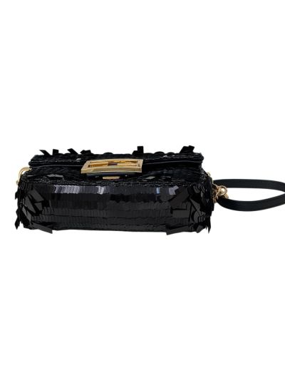 Fendi Small Sequins and Leather Baguette Flap Shoulder Bag Black 8601s Black 860 2523686