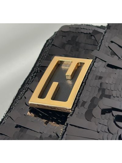 Fendi Small Sequins and Leather Baguette Flap Shoulder Bag Black 8601s Black 860 2523686