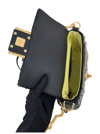 Fendi Small Sequins and Leather Baguette Flap Shoulder Bag Black 8601s Black 860 2523686