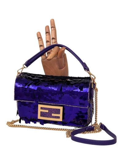 Fendi Small Sequins and Leather Baguette Flap Shoulder Bag Blue 8601s