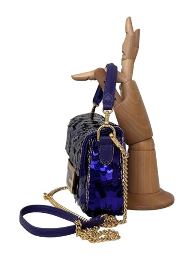 Fendi Small Sequins and Leather Baguette Flap Shoulder Bag Blue 8601s Blue 860 2523683