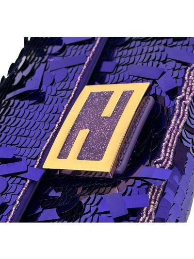 Fendi Small Sequins and Leather Baguette Flap Shoulder Bag Blue 8601s Blue 860 2523683