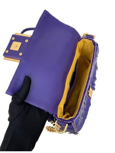 Fendi Small Sequins and Leather Baguette Flap Shoulder Bag Blue 8601s Blue 860 2523683