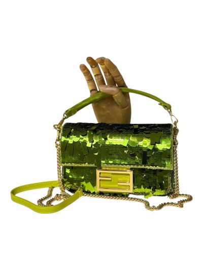 Fendi Small Sequins and Leather Baguette Flap Shoulder Bag Light Green 8601s