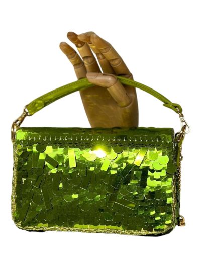 Fendi Small Sequins and Leather Baguette Flap Shoulder Bag Light Green 8601s Green 860 2523685