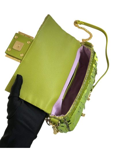 Fendi Small Sequins and Leather Baguette Flap Shoulder Bag Light Green 8601s Green 860 2523685
