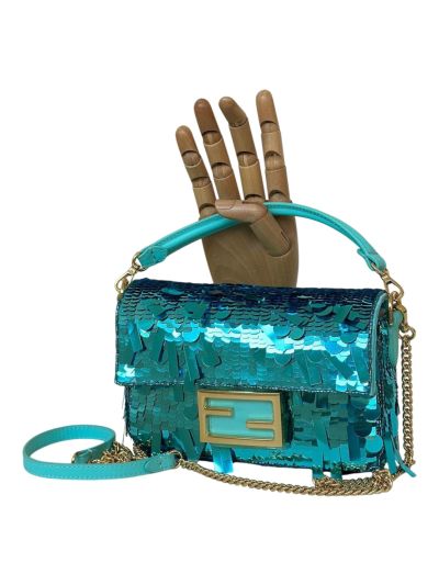 Fendi Small Sequins and Leather Baguette Flap Shoulder Bag Light Blue 8601s