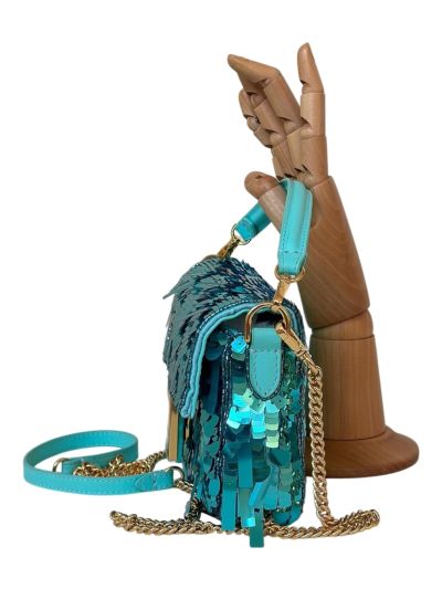 Fendi Small Sequins and Leather Baguette Flap Shoulder Bag Light Blue 8601s Blue 860 2523687