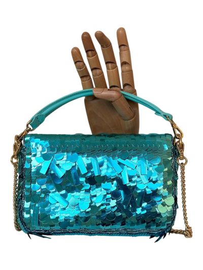 Fendi Small Sequins and Leather Baguette Flap Shoulder Bag Light Blue 8601s Blue 860 2523687